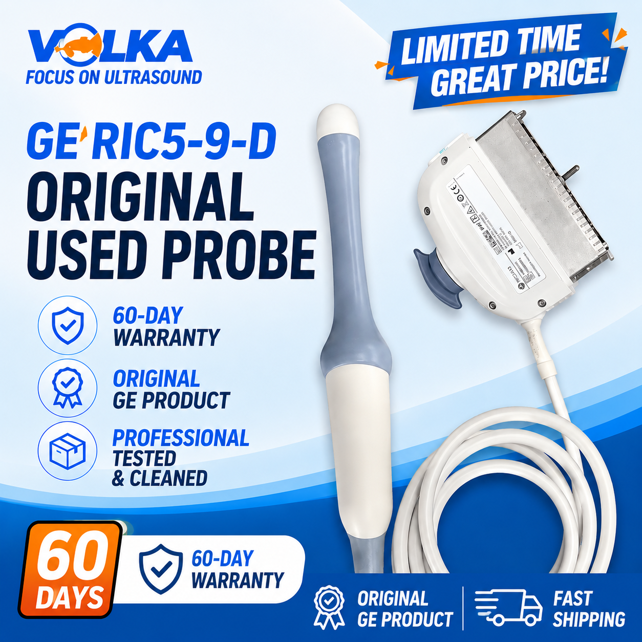 Used GE RIC5-9-D 4D Endocavitary Volume Ultrasound Probe Tested Working
